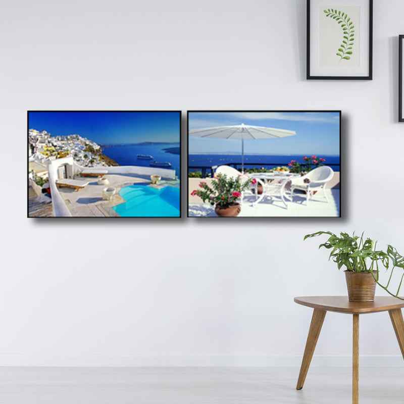 Terrace with Sea View Canvas Bedroom Photo Seascape Wall Art Print in Blue, Set of 2 Clearhalo 'Art Gallery' 'Canvas Art' 'Contemporary Art Gallery' 'Modern' Arts' 1766017