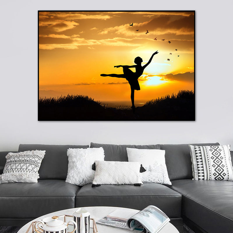 Beautiful Photo Sunset Ballerina Canvas Wall Art for Girls Bedroom, Pastel Color Yellow-Red Clearhalo 'Art Gallery' 'Canvas Art' 'Contemporary Art Gallery' 'Modern' Arts' 1766151