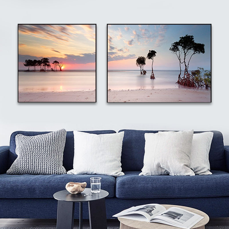Sunset Sea Scenery Canvas Art Tropical Multi-Piece Wall Decor in Pastel Color for Home Royal Blue Clearhalo 'Art Gallery' 'Canvas Art' 'Coastal Art Gallery' 'Nautical' Arts' 1766173
