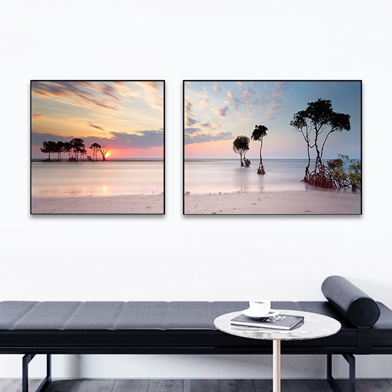 Sunset Sea Scenery Canvas Art Tropical Multi-Piece Wall Decor in Pastel Color for Home Clearhalo 'Art Gallery' 'Canvas Art' 'Coastal Art Gallery' 'Nautical' Arts' 1766174