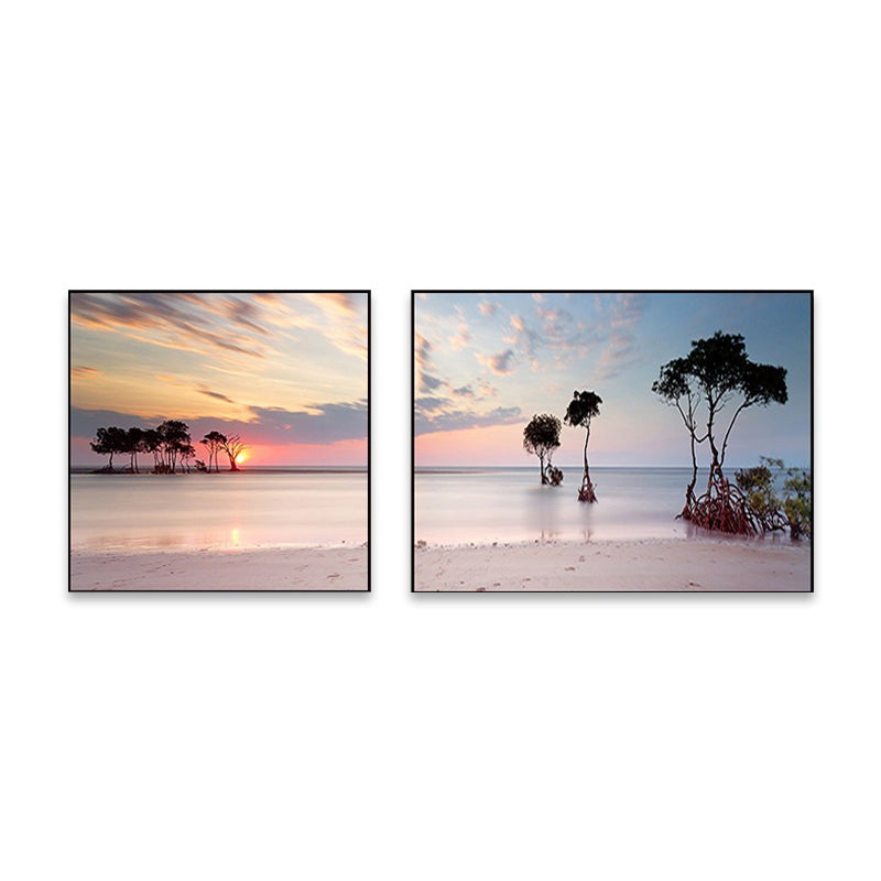 Sunset Sea Scenery Canvas Art Tropical Multi-Piece Wall Decor in Pastel Color for Home Clearhalo 'Art Gallery' 'Canvas Art' 'Coastal Art Gallery' 'Nautical' Arts' 1766176