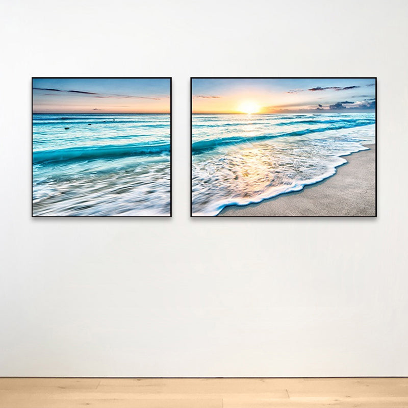 Sunset Sea Scenery Canvas Art Tropical Multi-Piece Wall Decor in Pastel Color for Home Peacock Blue Clearhalo 'Art Gallery' 'Canvas Art' 'Coastal Art Gallery' 'Nautical' Arts' 1766177
