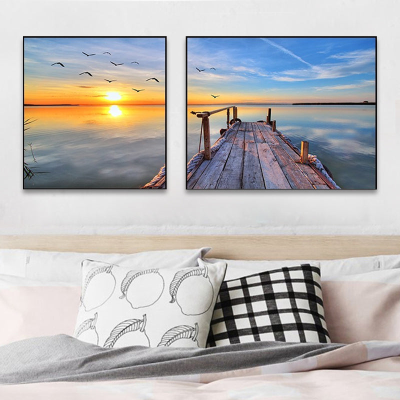 Sunset Sea Scenery Canvas Art Tropical Multi-Piece Wall Decor in Pastel Color for Home Ocean Blue Clearhalo 'Art Gallery' 'Canvas Art' 'Coastal Art Gallery' 'Nautical' Arts' 1766181