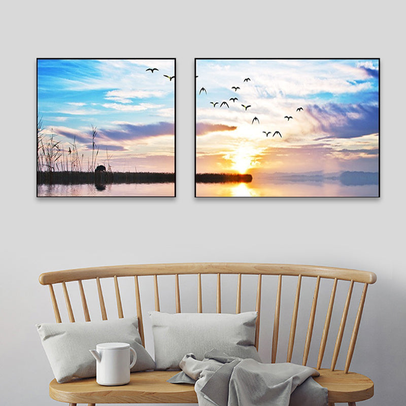 Sunset Sea Scenery Canvas Art Tropical Multi-Piece Wall Decor in Pastel Color for Home Blue Clearhalo 'Art Gallery' 'Canvas Art' 'Coastal Art Gallery' 'Nautical' Arts' 1766197