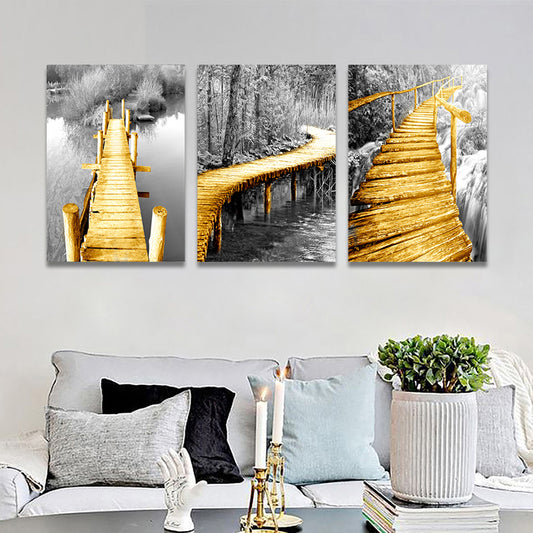 Yellow Photo Wooden Bridge Art Print Scenery Modern Textured Canvas for Sitting Room Yellow Clearhalo 'Art Gallery' 'Canvas Art' 'Contemporary Art Gallery' 'Modern' Arts' 1766252