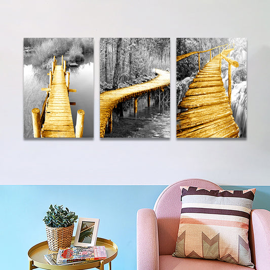 Yellow Photo Wooden Bridge Art Print Scenery Modern Textured Canvas for Sitting Room Clearhalo 'Art Gallery' 'Canvas Art' 'Contemporary Art Gallery' 'Modern' Arts' 1766253