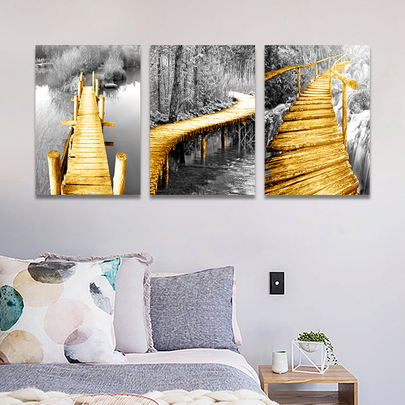 Yellow Photo Wooden Bridge Art Print Scenery Modern Textured Canvas for Sitting Room Clearhalo 'Art Gallery' 'Canvas Art' 'Contemporary Art Gallery' 'Modern' Arts' 1766254