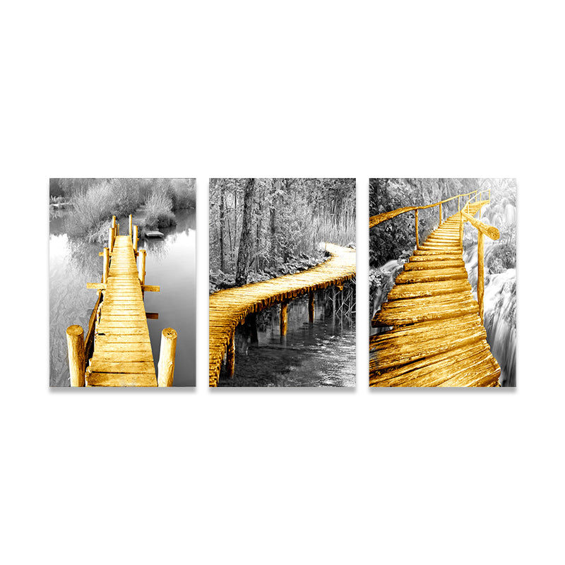 Yellow Photo Wooden Bridge Art Print Scenery Modern Textured Canvas for Sitting Room Clearhalo 'Art Gallery' 'Canvas Art' 'Contemporary Art Gallery' 'Modern' Arts' 1766255