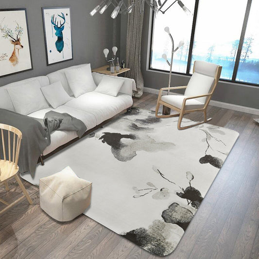 Grey Oriental Rug Polyester Watercolor Pattern Rug Pet Friendly Machine Washable Anti-Slip Backing Carpet for Decoration Black