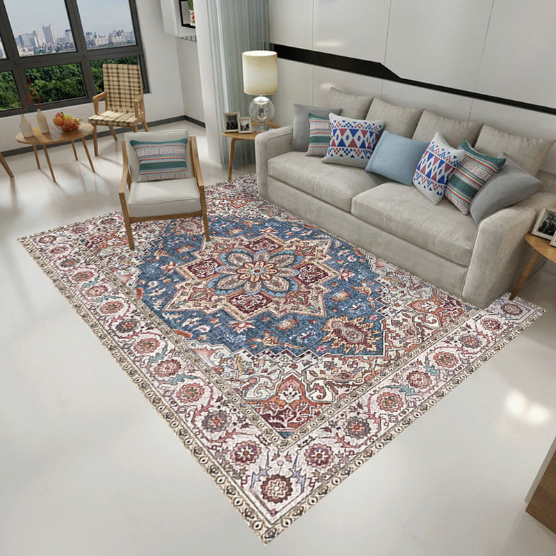 Retro Tribal Flower Pattern Rug Pink and Grey Polyester Rug Washable Pet Friendly Anti-Slip Carpet for Living Room Blue Clearhalo 'Area Rug' 'Rugs' 'Shabby Chic' Rug' 1767062