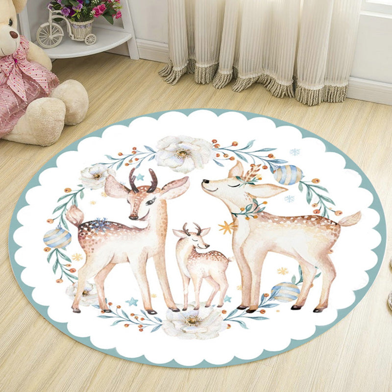 Kids Deer Pattern Rug with Flower White and Blue Polyester Rug Non-Slip Backing Washable Pet Friendly Carpet for Bedroom White Clearhalo 'Area Rug' 'Rug' 1767250