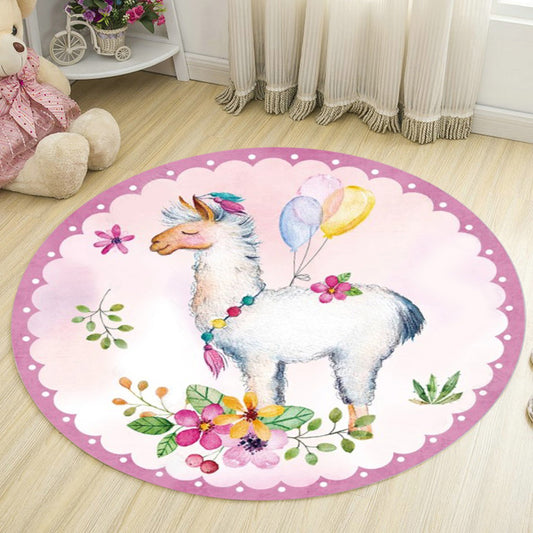 Kids Deer Pattern Rug with Flower White and Blue Polyester Rug Non-Slip Backing Washable Pet Friendly Carpet for Bedroom Pink