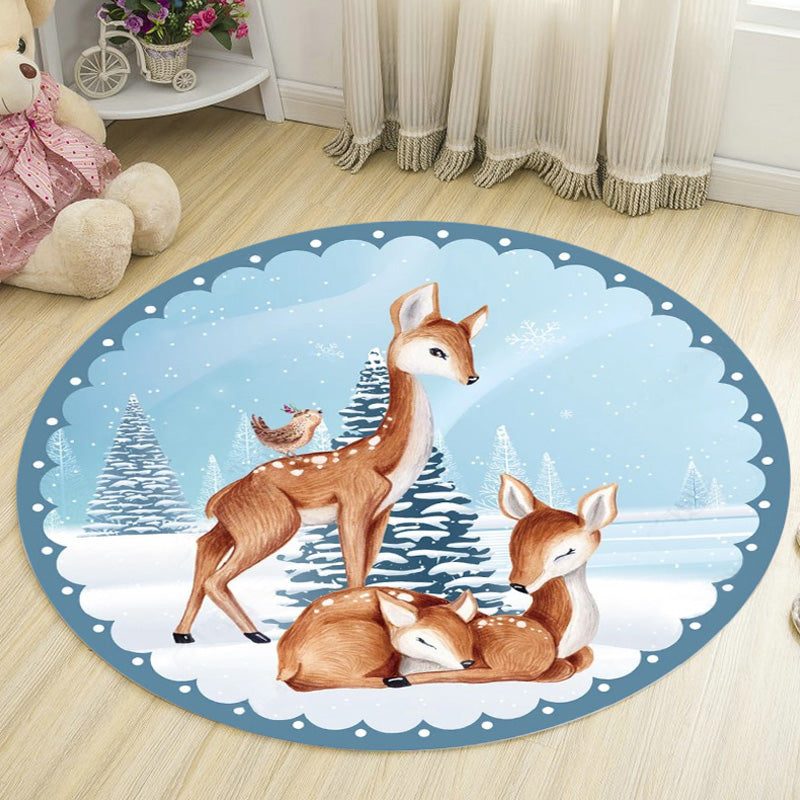 Kids Deer Pattern Rug with Flower White and Blue Polyester Rug Non-Slip Backing Washable Pet Friendly Carpet for Bedroom Blue Clearhalo 'Area Rug' 'Rug' 1767257
