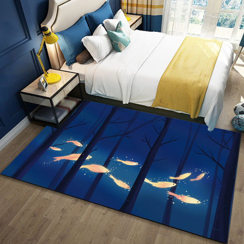 Kids Ocean Pattern Rug with Fish Blue Polyester Rug Non-Slip Backing Washable Pet Friendly Carpet for Bedroom Dark Blue Clearhalo 'Area Rug' 'Rug' 1767318