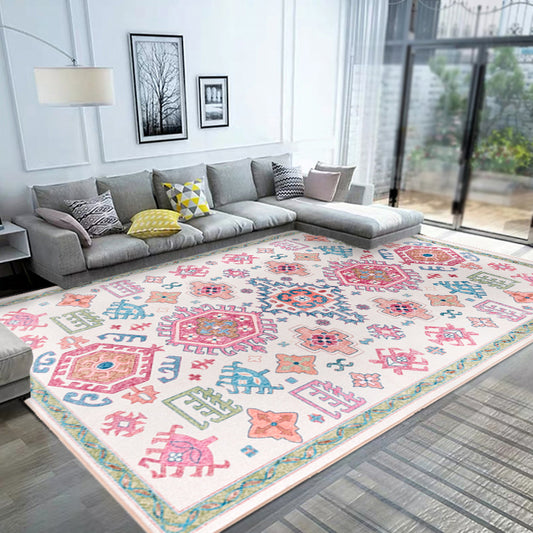 White and Pink Bohemian Rug Polyester Flower Pattern Rug Pet Friendly Washable Anti-Slip Backing Carpet for Decoration Pink Clearhalo 'Area Rug' 'Moroccan' 'Rugs' Rug' 1767856