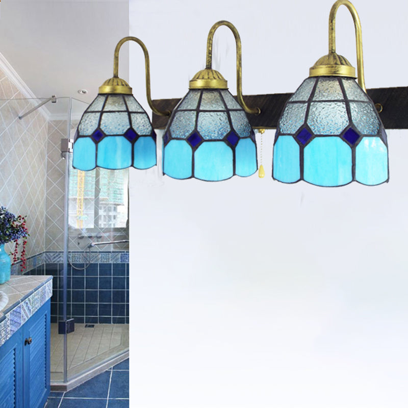 Mediterranean Dome Wall Light Fixture 3 Heads Blue Dimple Glass Sconce Lighting for Bathroom Blue Clearhalo 'Industrial' 'Middle century wall lights' 'Tiffany wall lights' 'Tiffany' 'Wall Lamps & Sconces' 'Wall Lights' Lighting' 177062
