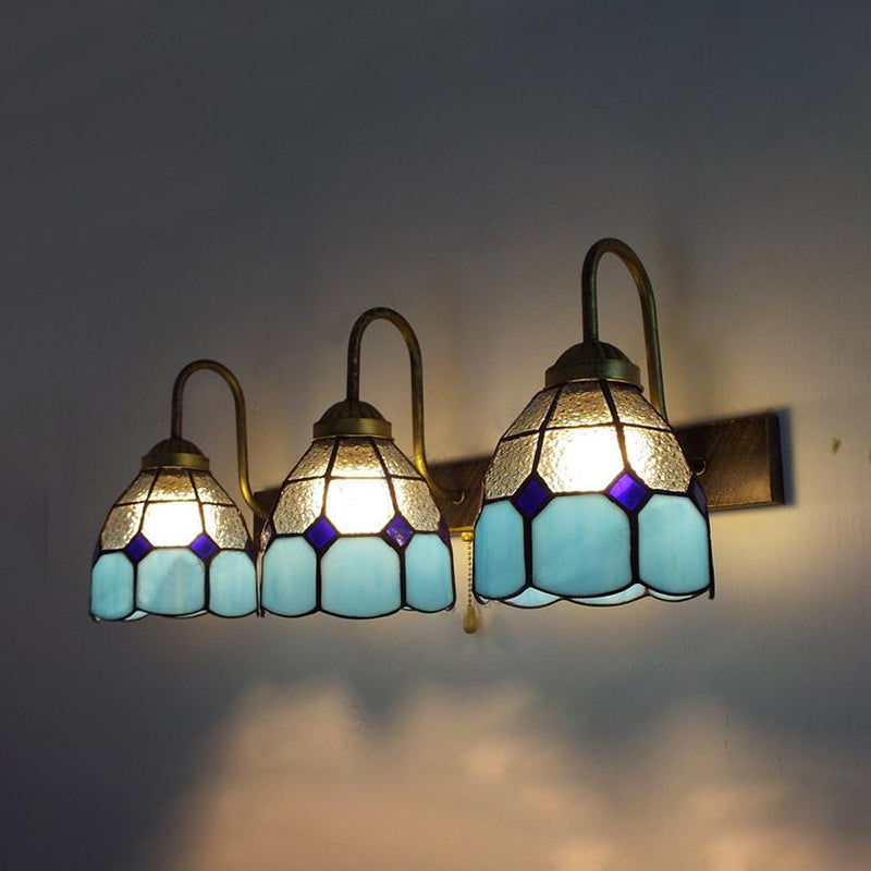 Mediterranean Dome Wall Light Fixture 3 Heads Blue Dimple Glass Sconce Lighting for Bathroom Clearhalo 'Industrial' 'Middle century wall lights' 'Tiffany wall lights' 'Tiffany' 'Wall Lamps & Sconces' 'Wall Lights' Lighting' 177063