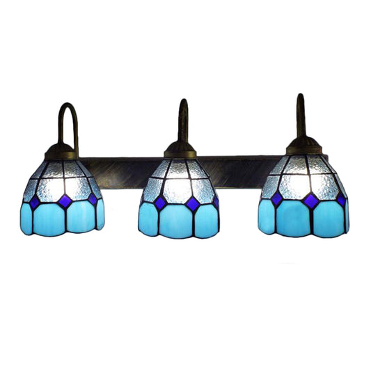 Mediterranean Dome Wall Light Fixture 3 Heads Blue Dimple Glass Sconce Lighting for Bathroom Clearhalo 'Industrial' 'Middle century wall lights' 'Tiffany wall lights' 'Tiffany' 'Wall Lamps & Sconces' 'Wall Lights' Lighting' 177064