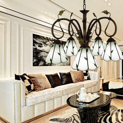 Beige Glass Cone Chandelier Light with Metal Chain Multi Light Vintage Pendant Light for Library Beige Clearhalo 'Ceiling Lights' 'Chandeliers' 'Industrial' 'Middle Century Chandeliers' 'Tiffany Chandeliers' 'Tiffany close to ceiling' 'Tiffany' Lighting' 177077