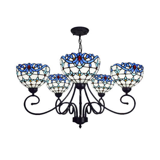 Victorian Bowl Pendant Light 5 Lights Stained Glass Indoor Chandelier in Blue for Foyer Clearhalo 'Ceiling Lights' 'Chandeliers' 'Industrial' 'Middle Century Chandeliers' 'Tiffany Chandeliers' 'Tiffany close to ceiling' 'Tiffany' Lighting' 177083