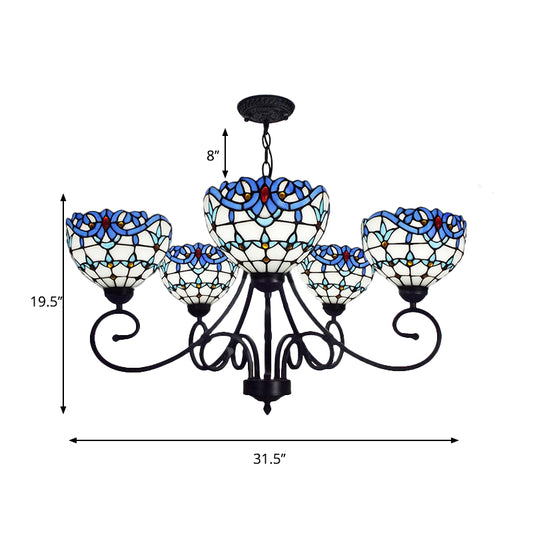 Victorian Bowl Pendant Light 5 Lights Stained Glass Indoor Chandelier in Blue for Foyer Clearhalo 'Ceiling Lights' 'Chandeliers' 'Industrial' 'Middle Century Chandeliers' 'Tiffany Chandeliers' 'Tiffany close to ceiling' 'Tiffany' Lighting' 177084