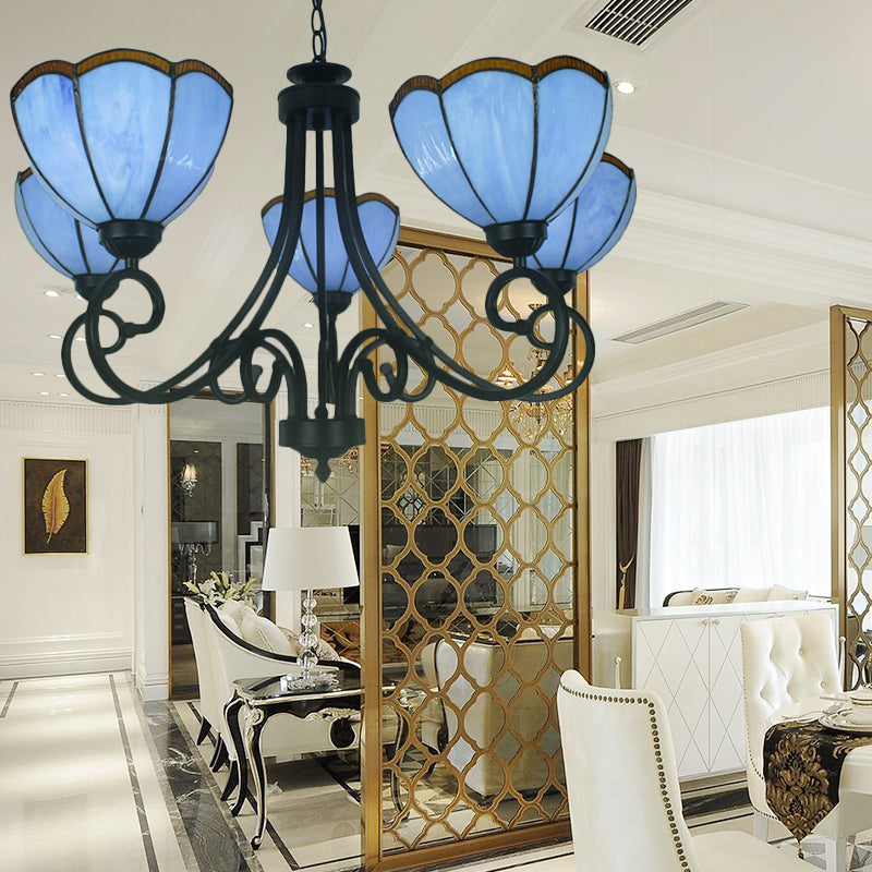 Scalloped Chandelier Tiffany Stained Glass 5 Lights Pendant Lighting in Yellow/Blue for Living Room Blue Clearhalo 'Ceiling Lights' 'Chandeliers' 'Industrial' 'Middle Century Chandeliers' 'Tiffany Chandeliers' 'Tiffany close to ceiling' 'Tiffany' Lighting' 177086