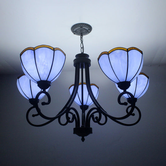 Scalloped Chandelier Tiffany Stained Glass 5 Lights Pendant Lighting in Yellow/Blue for Living Room Clearhalo 'Ceiling Lights' 'Chandeliers' 'Industrial' 'Middle Century Chandeliers' 'Tiffany Chandeliers' 'Tiffany close to ceiling' 'Tiffany' Lighting' 177087