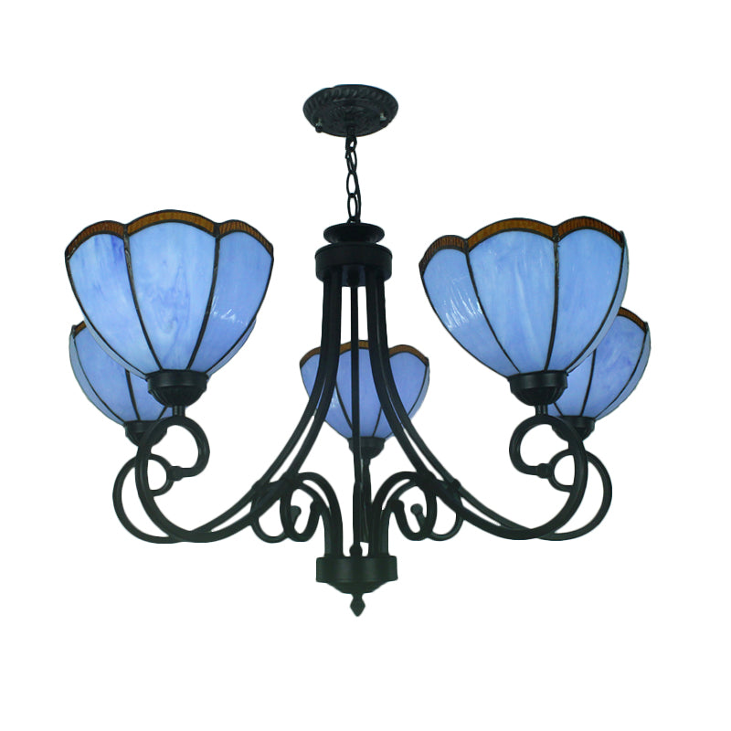 Scalloped Chandelier Tiffany Stained Glass 5 Lights Pendant Lighting in Yellow/Blue for Living Room Clearhalo 'Ceiling Lights' 'Chandeliers' 'Industrial' 'Middle Century Chandeliers' 'Tiffany Chandeliers' 'Tiffany close to ceiling' 'Tiffany' Lighting' 177088