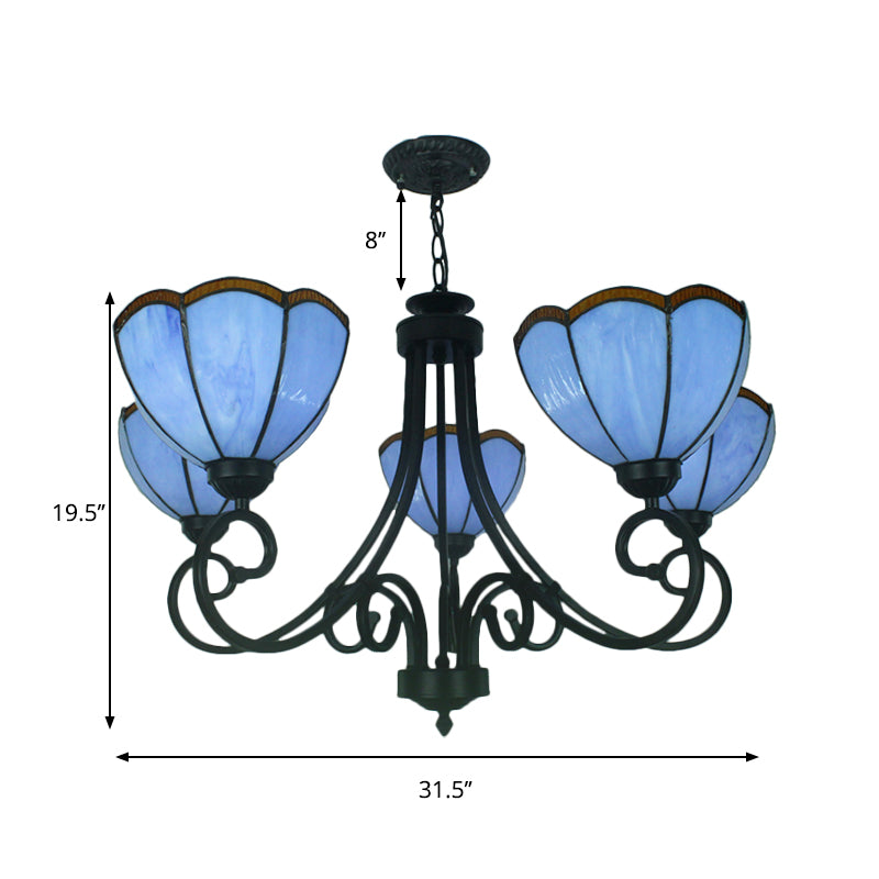 Scalloped Chandelier Tiffany Stained Glass 5 Lights Pendant Lighting in Yellow/Blue for Living Room Clearhalo 'Ceiling Lights' 'Chandeliers' 'Industrial' 'Middle Century Chandeliers' 'Tiffany Chandeliers' 'Tiffany close to ceiling' 'Tiffany' Lighting' 177089