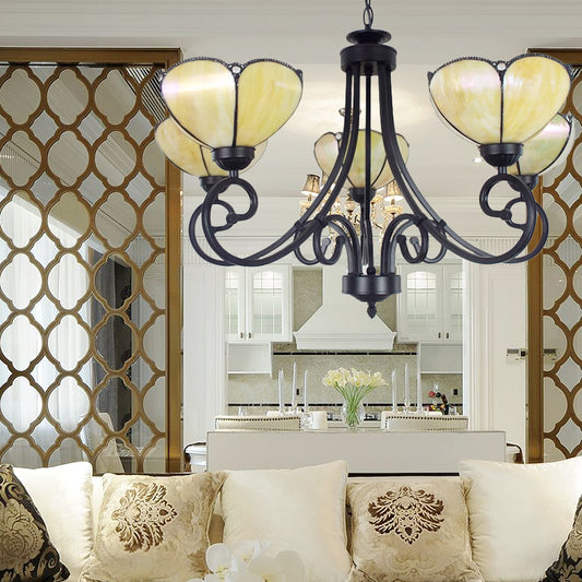 Scalloped Chandelier Tiffany Stained Glass 5 Lights Pendant Lighting in Yellow/Blue for Living Room Yellow Clearhalo 'Ceiling Lights' 'Chandeliers' 'Industrial' 'Middle Century Chandeliers' 'Tiffany Chandeliers' 'Tiffany close to ceiling' 'Tiffany' Lighting' 177091