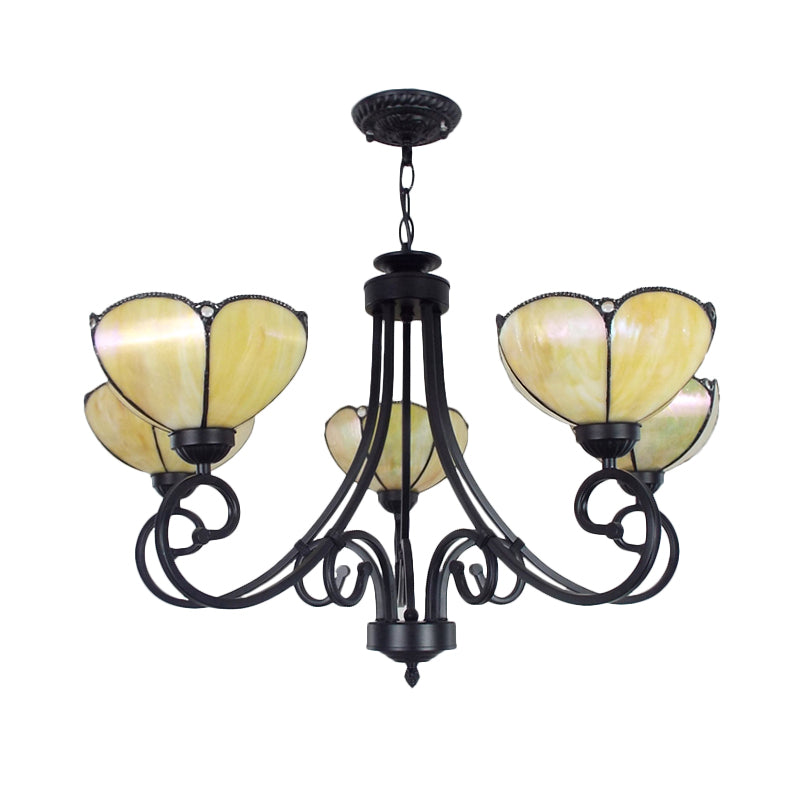 Scalloped Chandelier Tiffany Stained Glass 5 Lights Pendant Lighting in Yellow/Blue for Living Room Clearhalo 'Ceiling Lights' 'Chandeliers' 'Industrial' 'Middle Century Chandeliers' 'Tiffany Chandeliers' 'Tiffany close to ceiling' 'Tiffany' Lighting' 177093