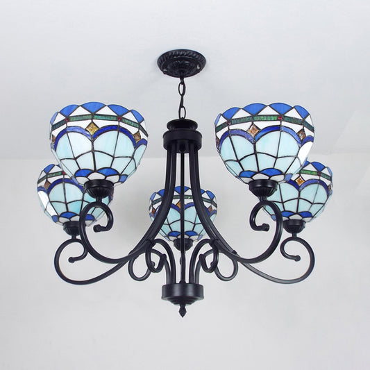Mediterranean Bowl Pendant Lighting 5 Lights Stained Glass Hanging Ceiling Light in Blue Clearhalo 'Ceiling Lights' 'Chandeliers' 'Industrial' 'Middle Century Chandeliers' 'Tiffany Chandeliers' 'Tiffany close to ceiling' 'Tiffany' Lighting' 177095