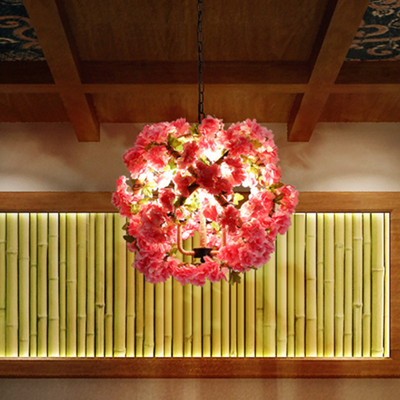 Red/Green 3-Head Ceiling Chandelier Industrial Rope Orb Cage Hanging Pendant Light with Fake Plant/Cherry Deco Red Clearhalo 'Ceiling Lights' 'Chandeliers' Lighting' options 1770964_fce0bf85-ffca-47a3-afc9-60a74c0f2151