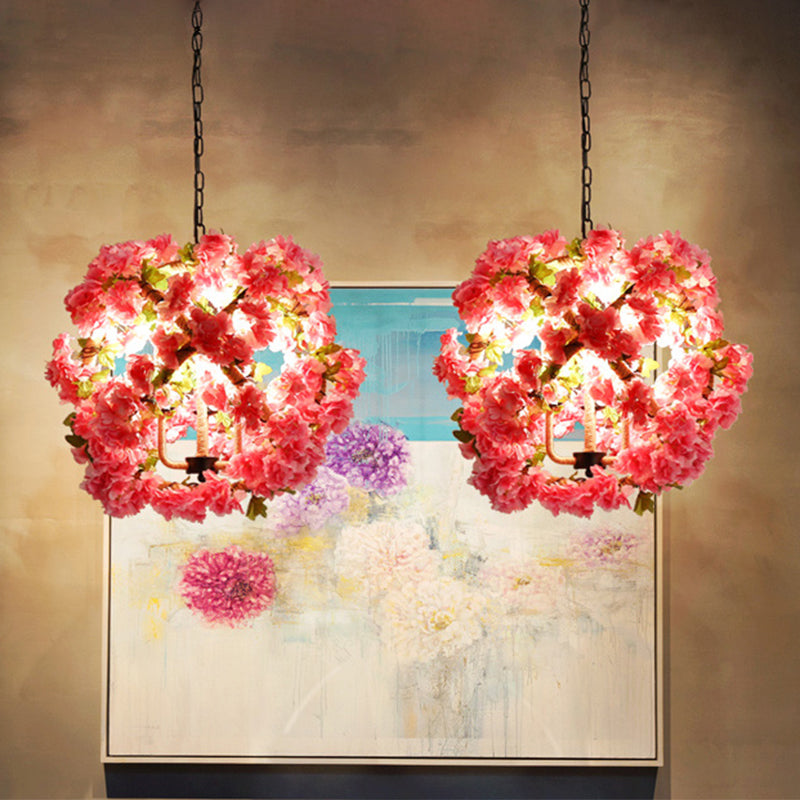 Red/Green 3-Head Ceiling Chandelier Industrial Rope Orb Cage Hanging Pendant Light with Fake Plant/Cherry Deco Clearhalo 'Ceiling Lights' 'Chandeliers' Lighting' options 1770965