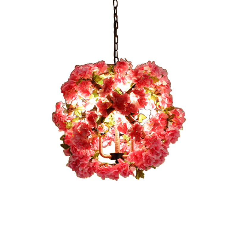 Red/Green 3-Head Ceiling Chandelier Industrial Rope Orb Cage Hanging Pendant Light with Fake Plant/Cherry Deco Clearhalo 'Ceiling Lights' 'Chandeliers' Lighting' options 1770967