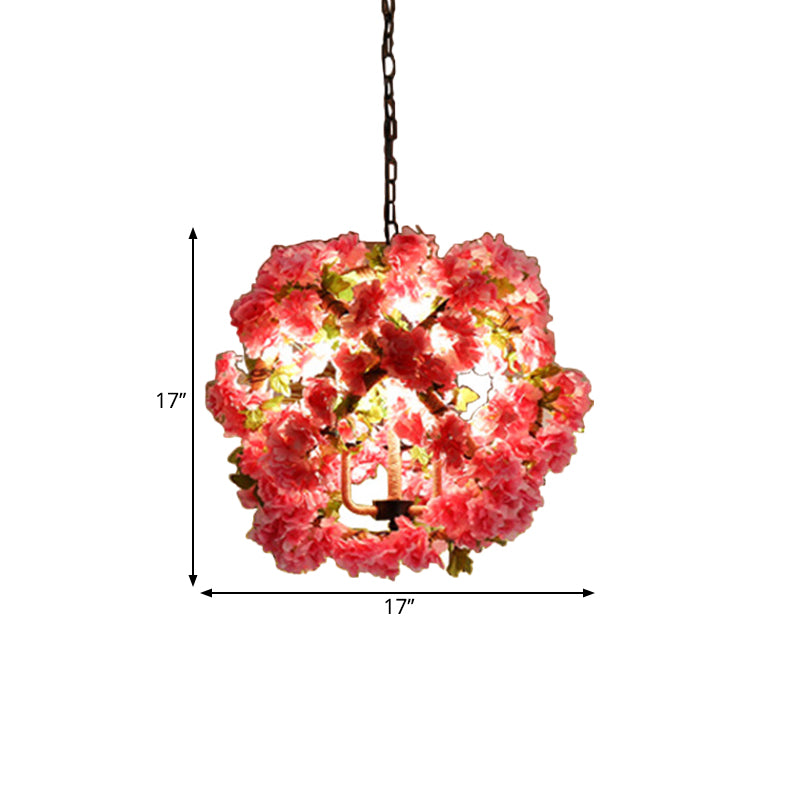 Red/Green 3-Head Ceiling Chandelier Industrial Rope Orb Cage Hanging Pendant Light with Fake Plant/Cherry Deco Clearhalo 'Ceiling Lights' 'Chandeliers' Lighting' options 1770968