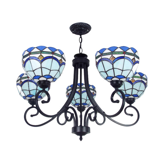 Mediterranean Bowl Pendant Lighting 5 Lights Stained Glass Hanging Ceiling Light in Blue Clearhalo 'Ceiling Lights' 'Chandeliers' 'Industrial' 'Middle Century Chandeliers' 'Tiffany Chandeliers' 'Tiffany close to ceiling' 'Tiffany' Lighting' 177096