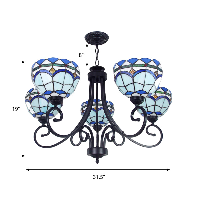 Mediterranean Bowl Pendant Lighting 5 Lights Stained Glass Hanging Ceiling Light in Blue Clearhalo 'Ceiling Lights' 'Chandeliers' 'Industrial' 'Middle Century Chandeliers' 'Tiffany Chandeliers' 'Tiffany close to ceiling' 'Tiffany' Lighting' 177097