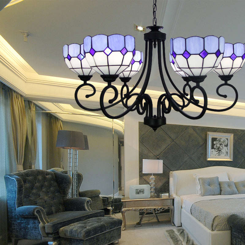 Mediterranean Chandelier Light with Stained Glass Bowl Shade Multi Light for Foyer Pendant Light Blue Clearhalo 'Ceiling Lights' 'Chandeliers' 'Industrial' 'Middle Century Chandeliers' 'Tiffany Chandeliers' 'Tiffany close to ceiling' 'Tiffany' Lighting' 177098
