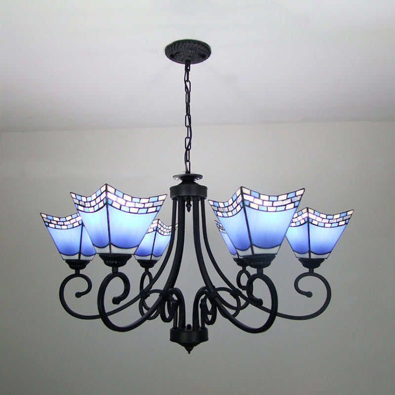 Nautical Cone Chandelier Lamp with Curved Arm Stained Glass 6 Lights Pendant Lighting in Sky Blue/Blue Clearhalo 'Ceiling Lights' 'Chandeliers' 'Close To Ceiling Lights' 'Industrial' 'Middle Century Chandeliers' 'Tiffany Chandeliers' 'Tiffany close to ceiling' 'Tiffany' Lighting' 177103