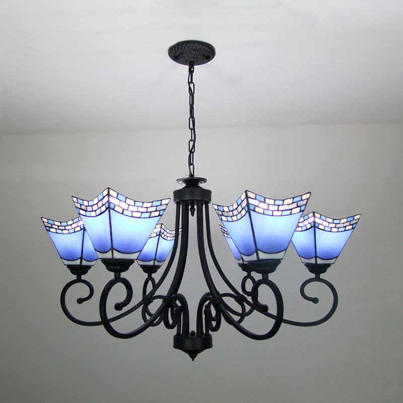 Nautical Cone Chandelier Lamp with Curved Arm Stained Glass 6 Lights Pendant Lighting in Sky Blue/Blue Clearhalo 'Ceiling Lights' 'Chandeliers' 'Close To Ceiling Lights' 'Industrial' 'Middle Century Chandeliers' 'Tiffany Chandeliers' 'Tiffany close to ceiling' 'Tiffany' Lighting' 177103