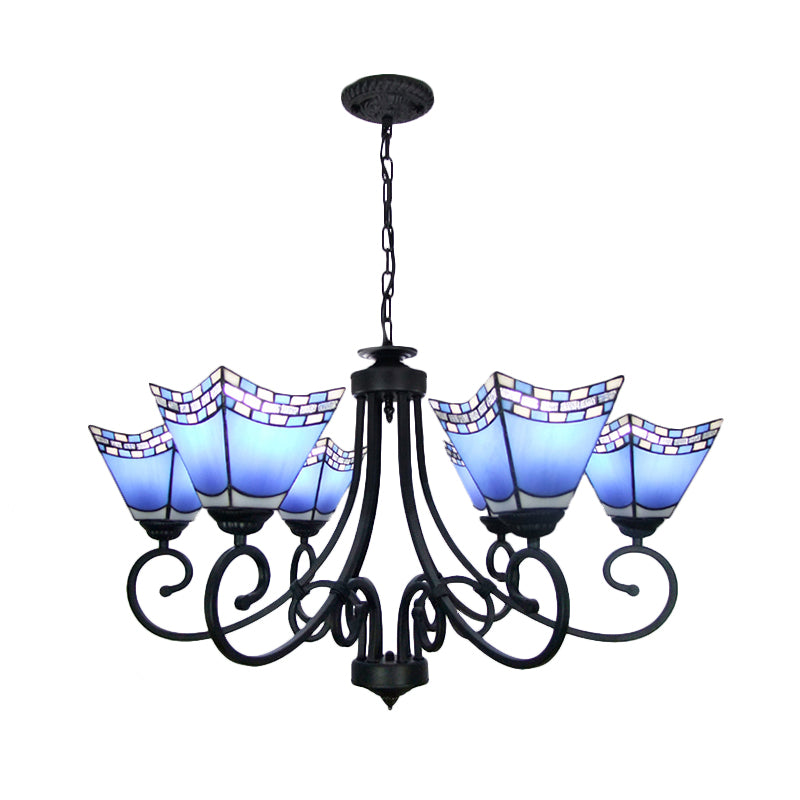 Nautical Cone Chandelier Lamp with Curved Arm Stained Glass 6 Lights Pendant Lighting in Sky Blue/Blue Clearhalo 'Ceiling Lights' 'Chandeliers' 'Close To Ceiling Lights' 'Industrial' 'Middle Century Chandeliers' 'Tiffany Chandeliers' 'Tiffany close to ceiling' 'Tiffany' Lighting' 177104