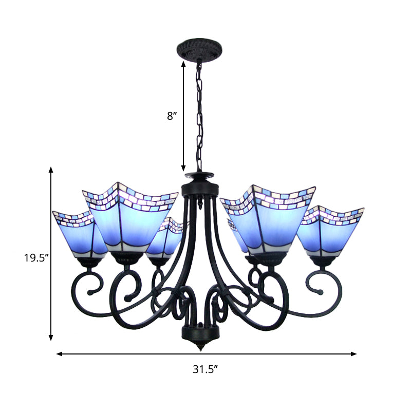 Nautical Cone Chandelier Lamp with Curved Arm Stained Glass 6 Lights Pendant Lighting in Sky Blue/Blue Clearhalo 'Ceiling Lights' 'Chandeliers' 'Close To Ceiling Lights' 'Industrial' 'Middle Century Chandeliers' 'Tiffany Chandeliers' 'Tiffany close to ceiling' 'Tiffany' Lighting' 177105