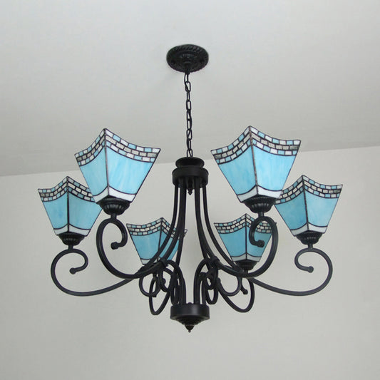 Nautical Cone Chandelier Lamp with Curved Arm Stained Glass 6 Lights Pendant Lighting in Sky Blue/Blue Clearhalo 'Ceiling Lights' 'Chandeliers' 'Close To Ceiling Lights' 'Industrial' 'Middle Century Chandeliers' 'Tiffany Chandeliers' 'Tiffany close to ceiling' 'Tiffany' Lighting' 177107