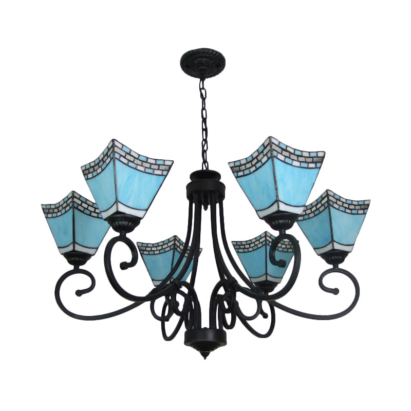Nautical Cone Chandelier Lamp with Curved Arm Stained Glass 6 Lights Pendant Lighting in Sky Blue/Blue Clearhalo 'Ceiling Lights' 'Chandeliers' 'Close To Ceiling Lights' 'Industrial' 'Middle Century Chandeliers' 'Tiffany Chandeliers' 'Tiffany close to ceiling' 'Tiffany' Lighting' 177108