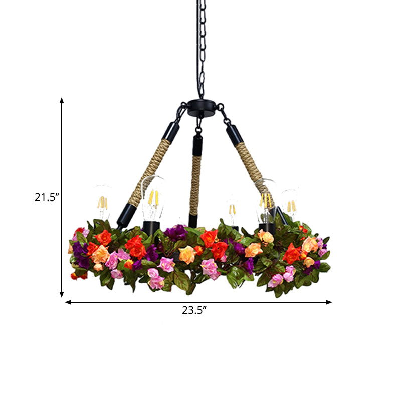 Metal Exposed Bulb Pendant Chandelier Industrial 6-Light Restaurant Pendulum Light with Pink/Green Artificial Floral Deco Clearhalo 'Ceiling Lights' 'Chandeliers' Lighting' options 1771088