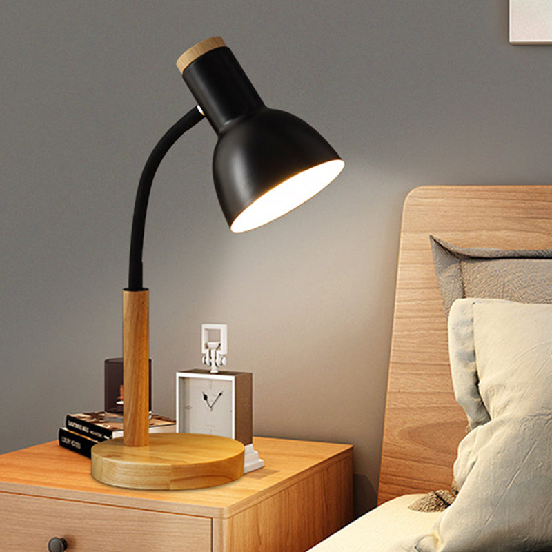 Metal Domed Night Table Lamp Simple 1 Bulb Black/White/Yellow Flexible Nightstand Light with Wood Round Base Black Clearhalo 'Lamps' 'Table Lamps' Lighting' 1771098