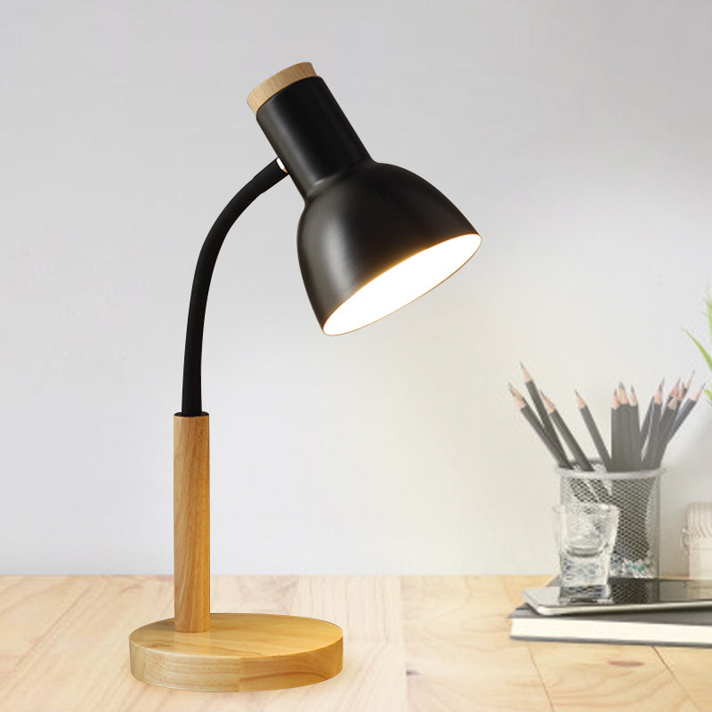 Metal Domed Night Table Lamp Simple 1 Bulb Black/White/Yellow Flexible Nightstand Light with Wood Round Base Clearhalo 'Lamps' 'Table Lamps' Lighting' 1771099