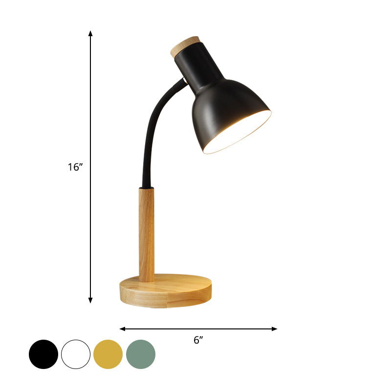 Metal Domed Night Table Lamp Simple 1 Bulb Black/White/Yellow Flexible Nightstand Light with Wood Round Base Clearhalo 'Lamps' 'Table Lamps' Lighting' 1771101