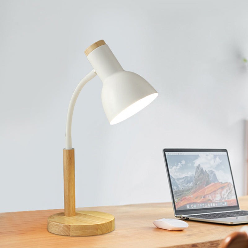 Metal Domed Night Table Lamp Simple 1 Bulb Black/White/Yellow Flexible Nightstand Light with Wood Round Base Clearhalo 'Lamps' 'Table Lamps' Lighting' 1771103